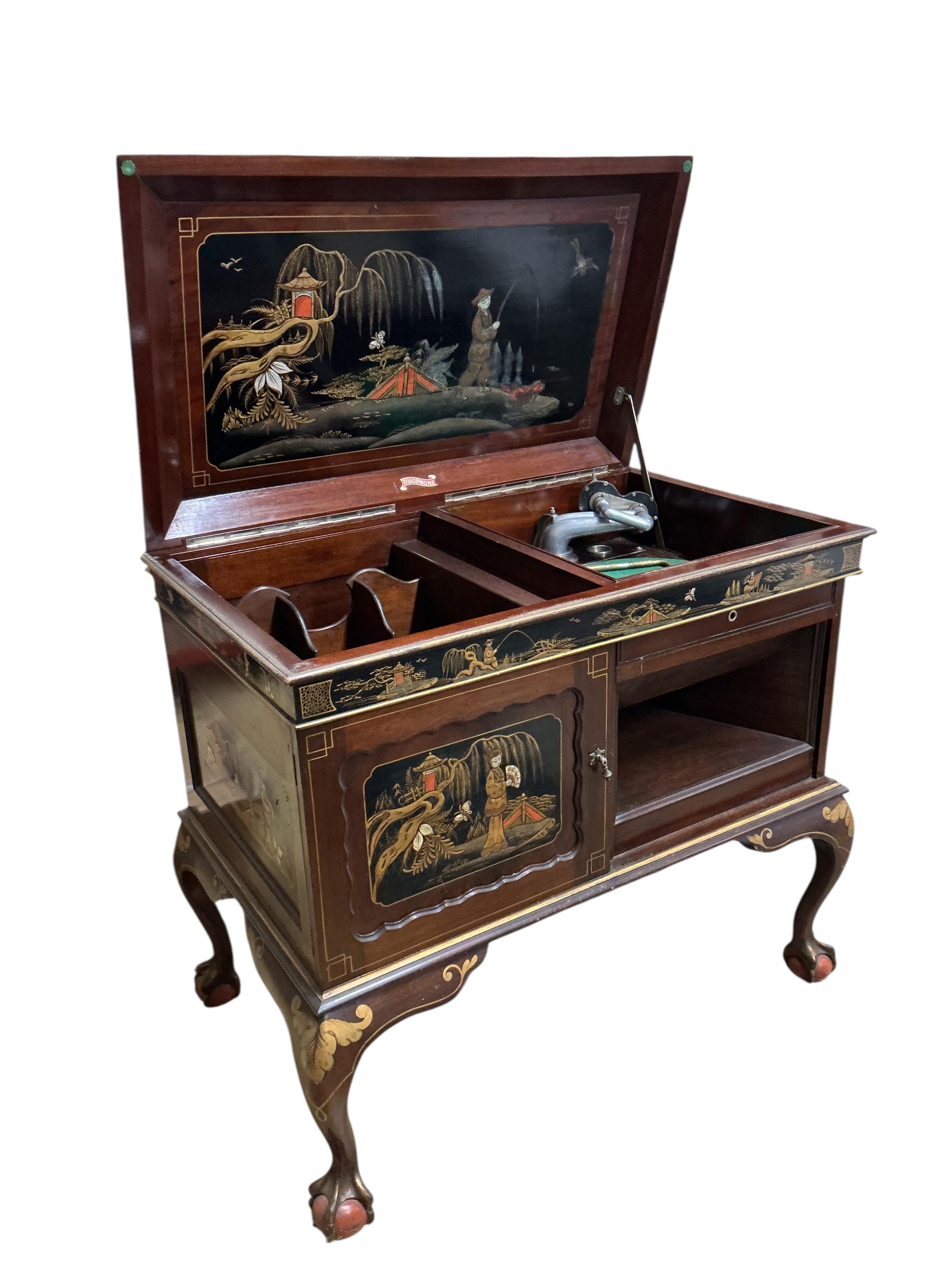 An early 20th century chinoiserie lacquer Duophone cabinet gramophone, width 94cm, depth 57cm, height 86cm